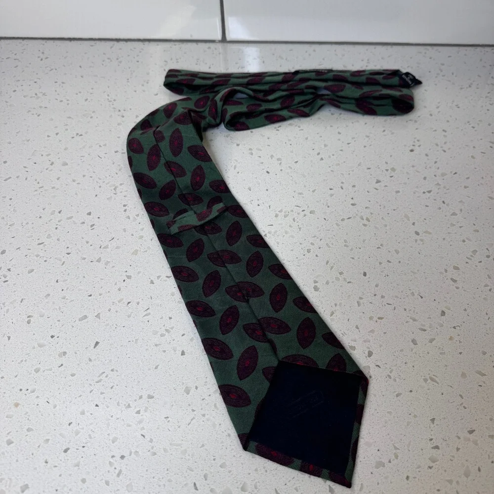 Y2K Coach Mens Silk Tie Green Burgundy Geometric Medallion Handmade in Italy